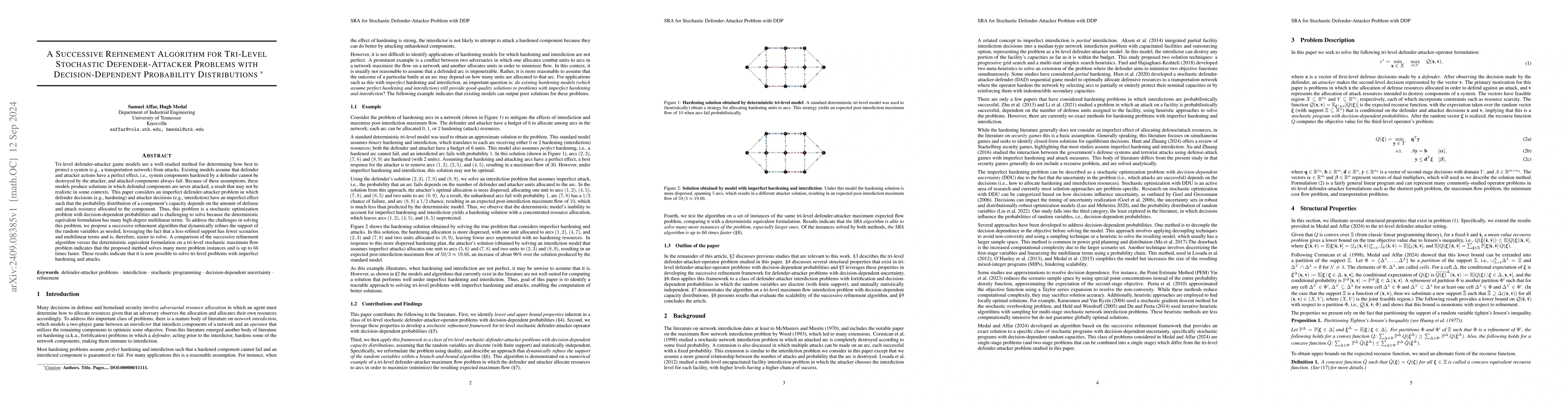 Thumbnail for A Successive Refinement Algorithm for Tri-Level Stochastic
  Defender-Attacker Problems with Decision-Dependent Probability Distributions