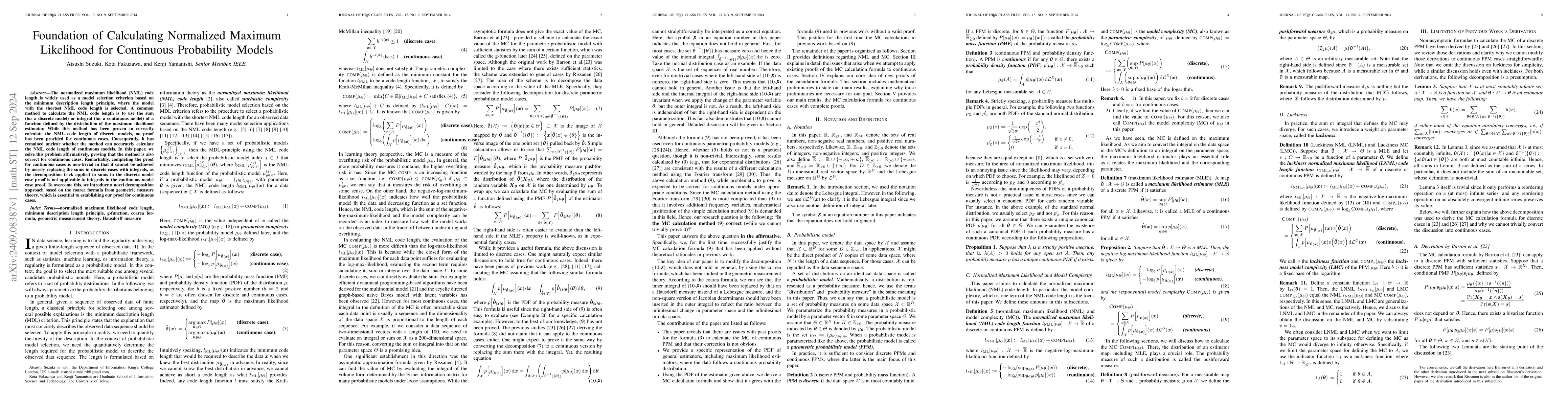Thumbnail for Foundation of Calculating Normalized Maximum Likelihood for Continuous
  Probability Models