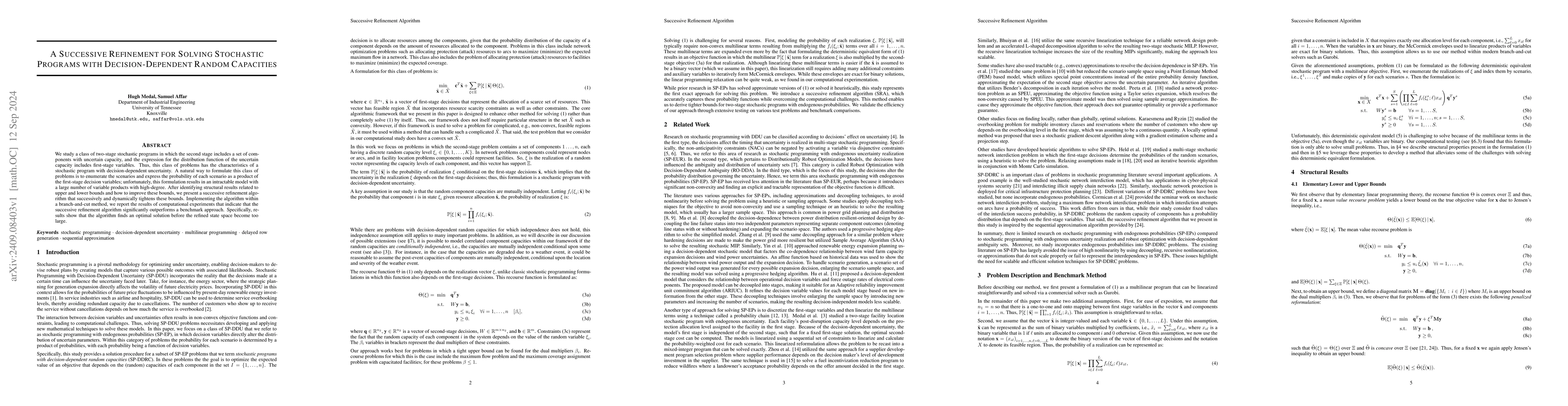 Thumbnail for A Successive Refinement for Solving Stochastic Programs with
  Decision-Dependent Random Capacities