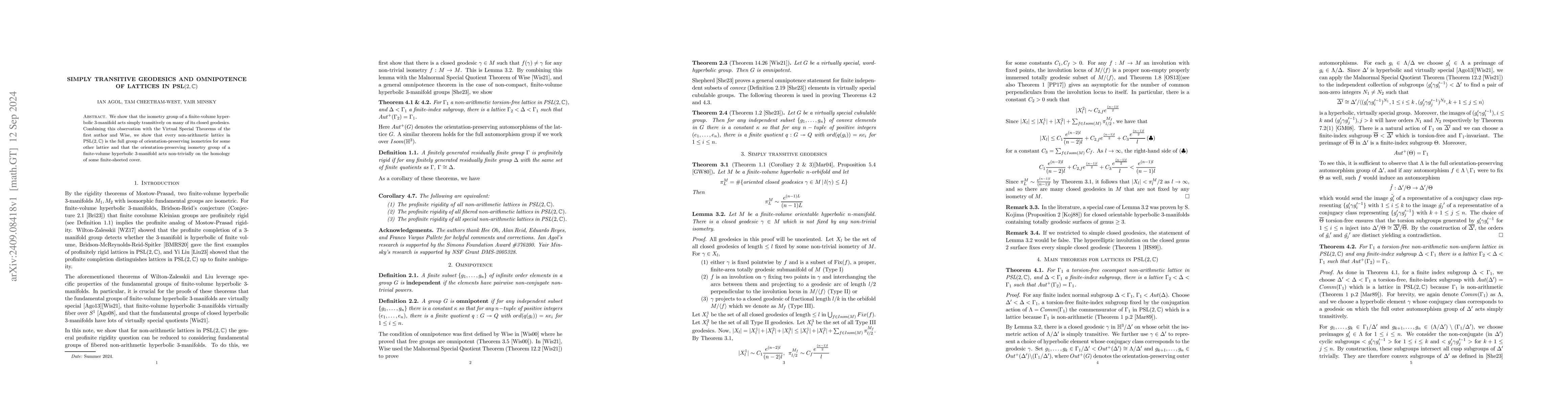 Thumbnail for Simply transitive geodesics and omnipotence of lattices in
  PSL$(2,\mathbb{C})$