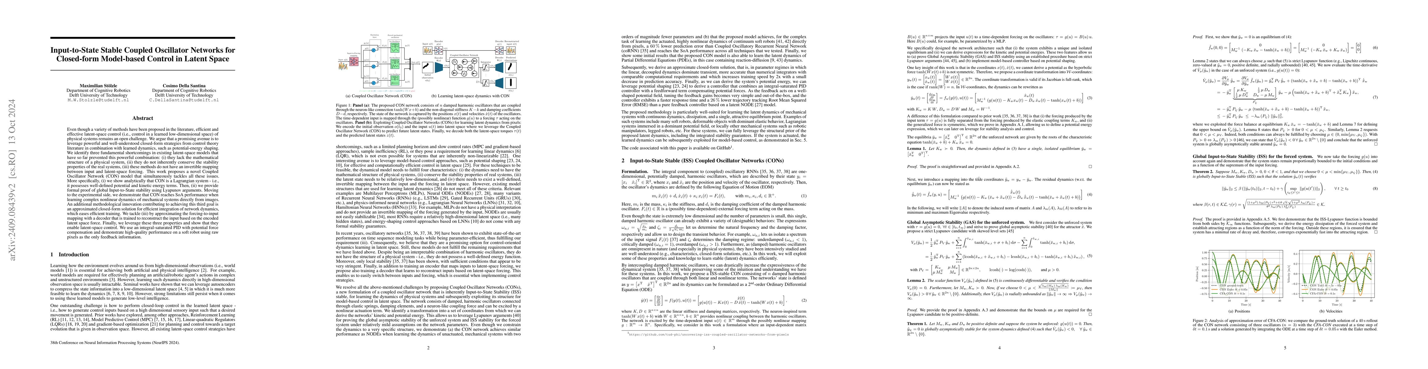 Thumbnail for Input-to-State Stable Coupled Oscillator Networks for Closed-form
  Model-based Control in Latent Space