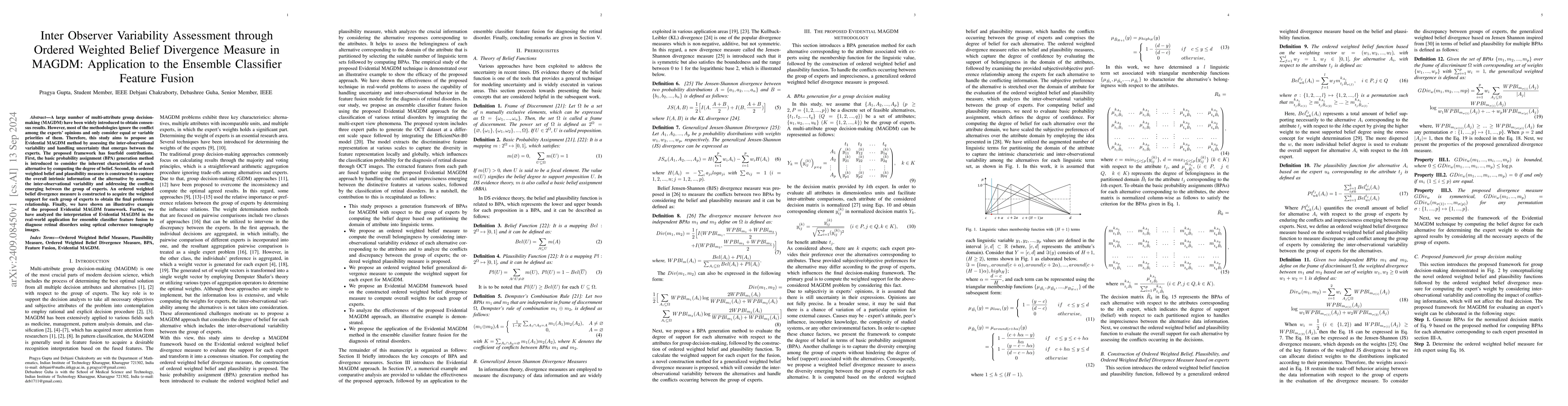 Thumbnail for Inter Observer Variability Assessment through Ordered Weighted Belief
  Divergence Measure in MAGDM Application to the Ensemble Classifier Feature
  Fusion