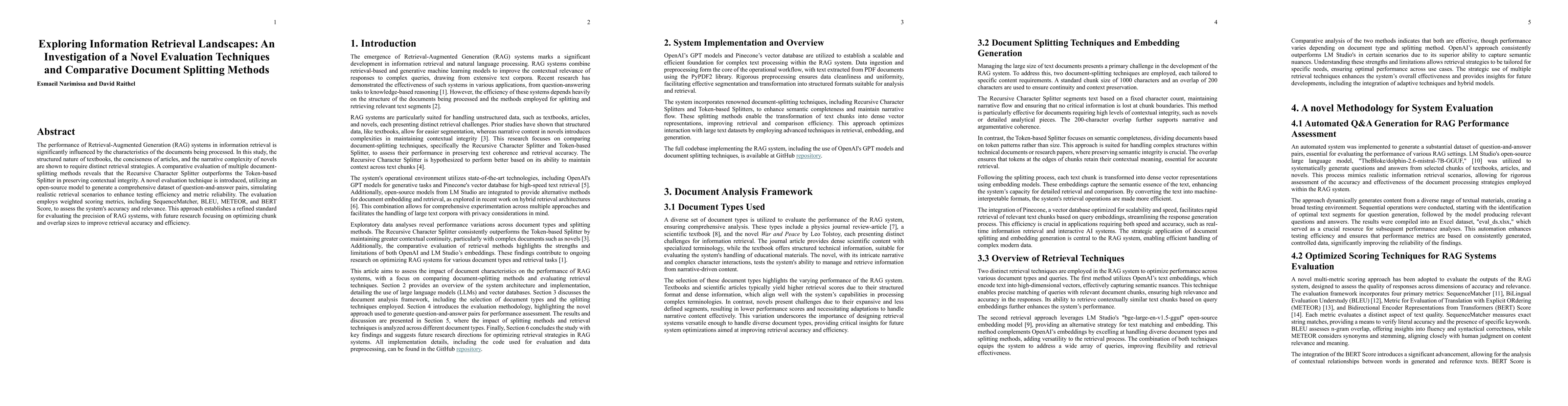 Thumbnail for Exploring Information Retrieval Landscapes: An Investigation of a Novel
  Evaluation Techniques and Comparative Document Splitting Methods