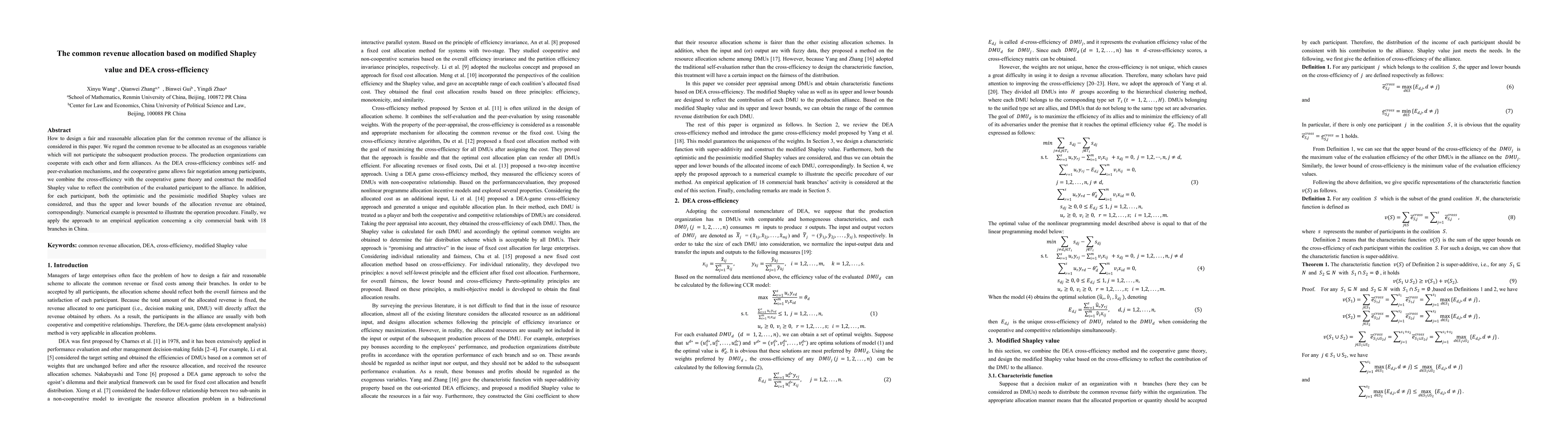 Thumbnail for The common revenue allocation based on modified Shapley value and DEA
  cross-efficiency