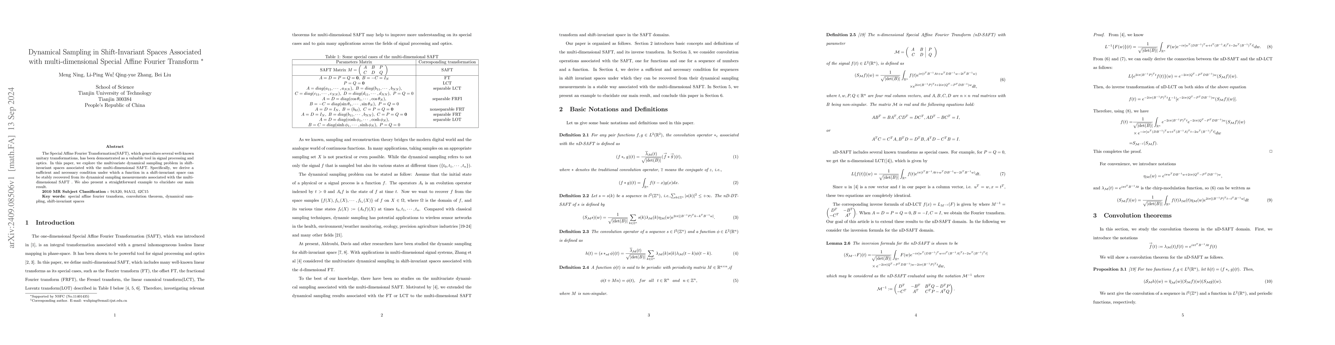 Thumbnail for Dynamical Sampling in Shift-Invariant Spaces Associated with
  multi-dimensional Special Affine Fourier Transform
