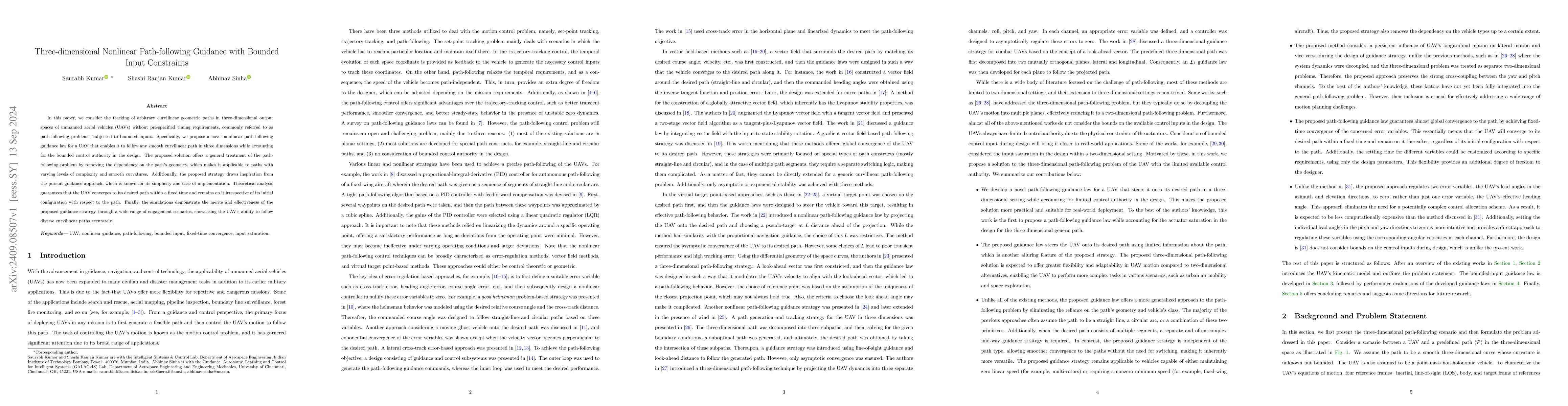 Thumbnail for Three-dimensional Nonlinear Path-following Guidance with Bounded Input
  Constraints