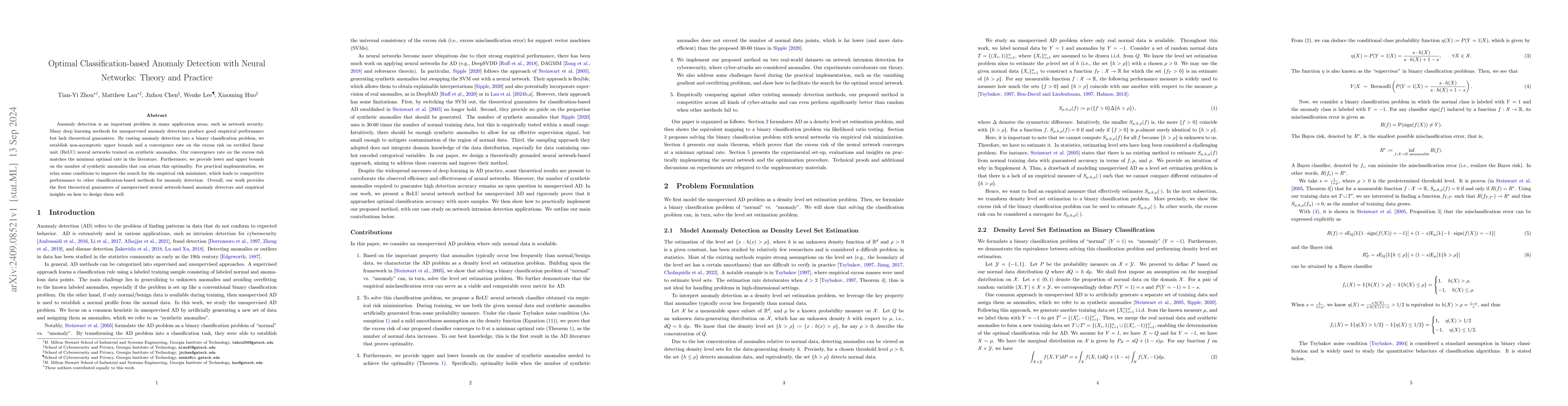 Thumbnail for Optimal Classification-based Anomaly Detection with Neural Networks:
  Theory and Practice