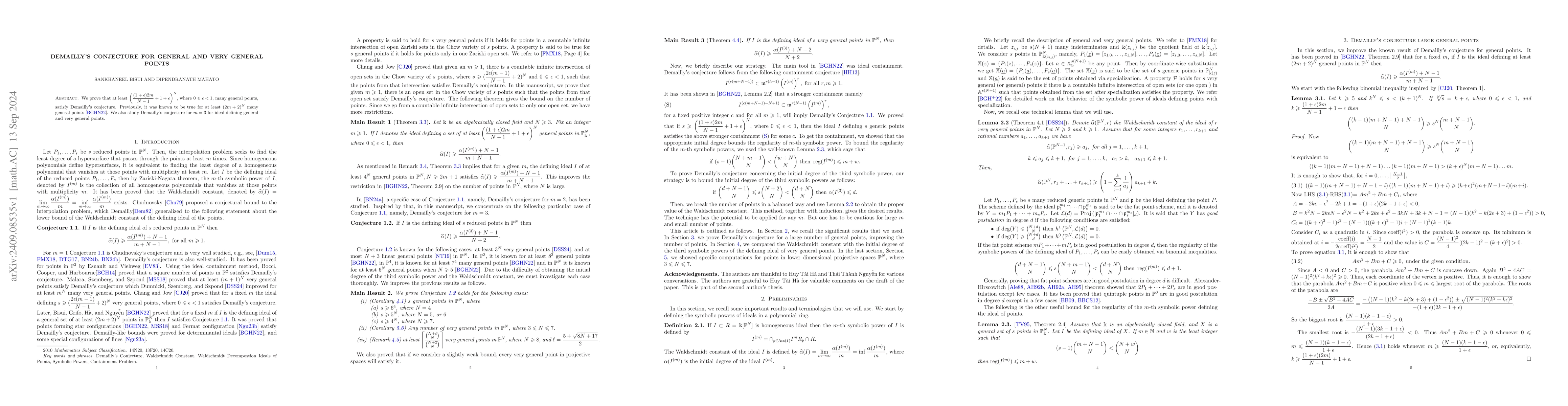 Thumbnail for Demailly's Conjecture for general and very general points
