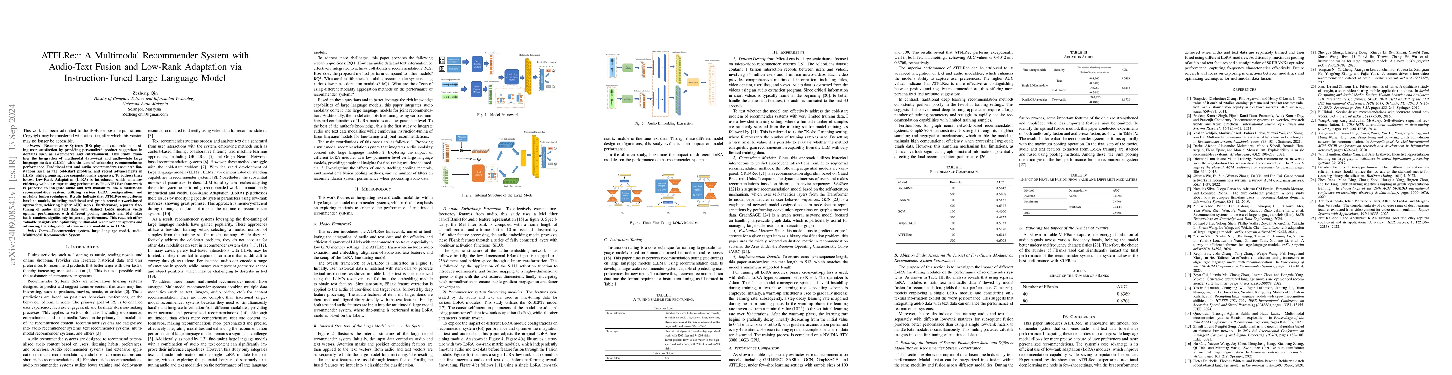 Thumbnail for ATFLRec: A Multimodal Recommender System with Audio-Text Fusion and
  Low-Rank Adaptation via Instruction-Tuned Large Language Model