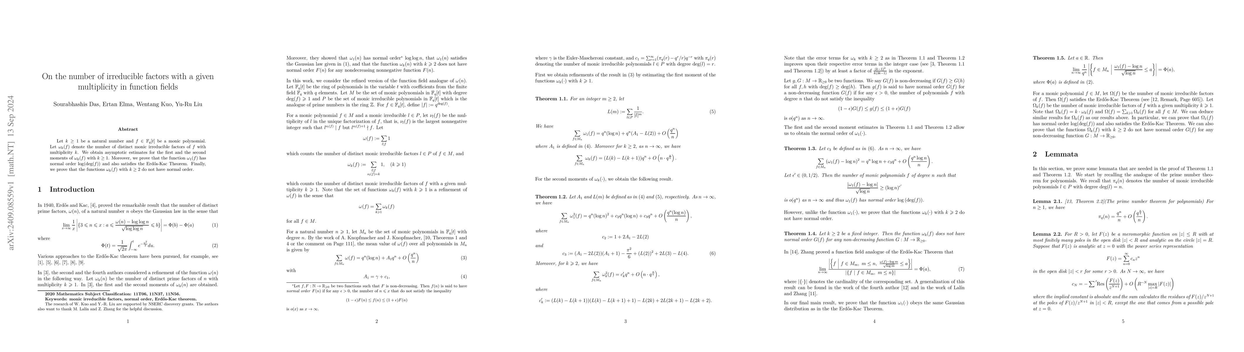Thumbnail for On the number of irreducible factors with a given multiplicity in
  function fields