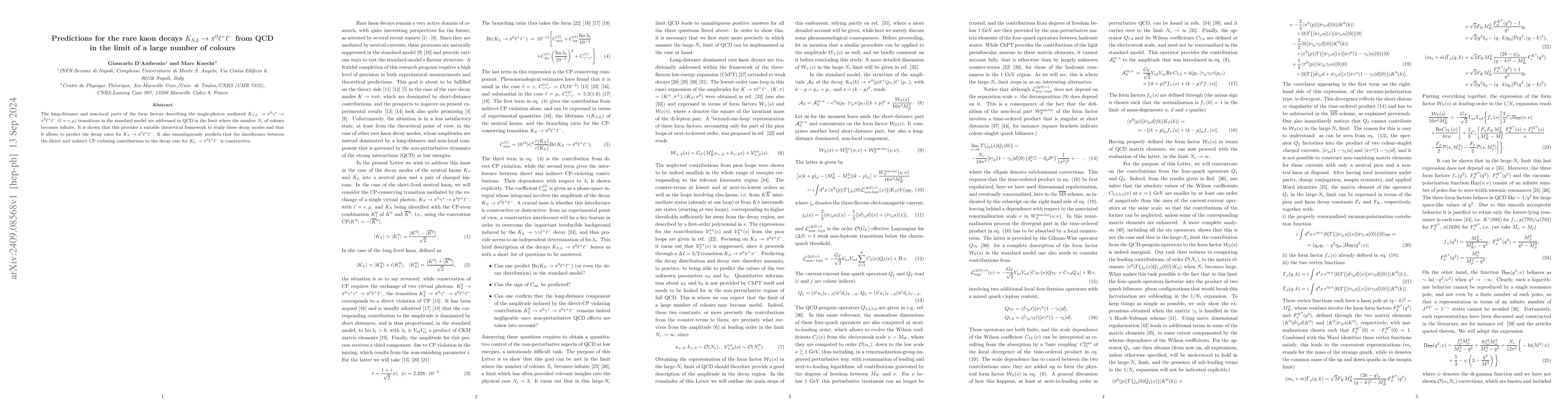 Thumbnail for Predictions for the rare kaon decays $K_{S,L} \to π^0 \ell^+ \ell^-$
  from QCD in the limit of a large number of colours