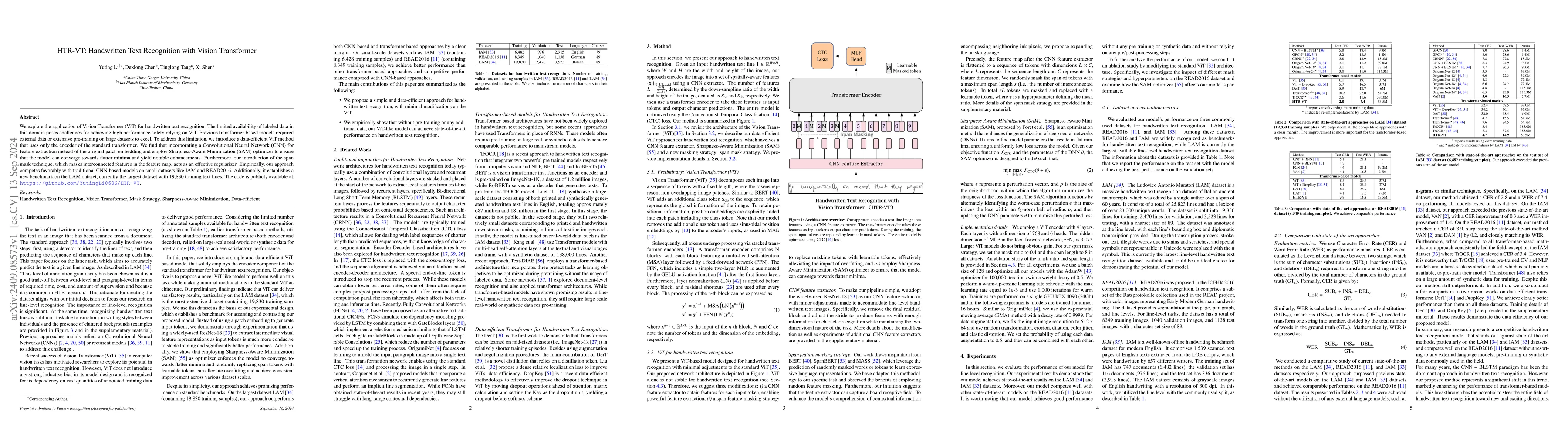 Thumbnail for HTR-VT: Handwritten Text Recognition with Vision Transformer