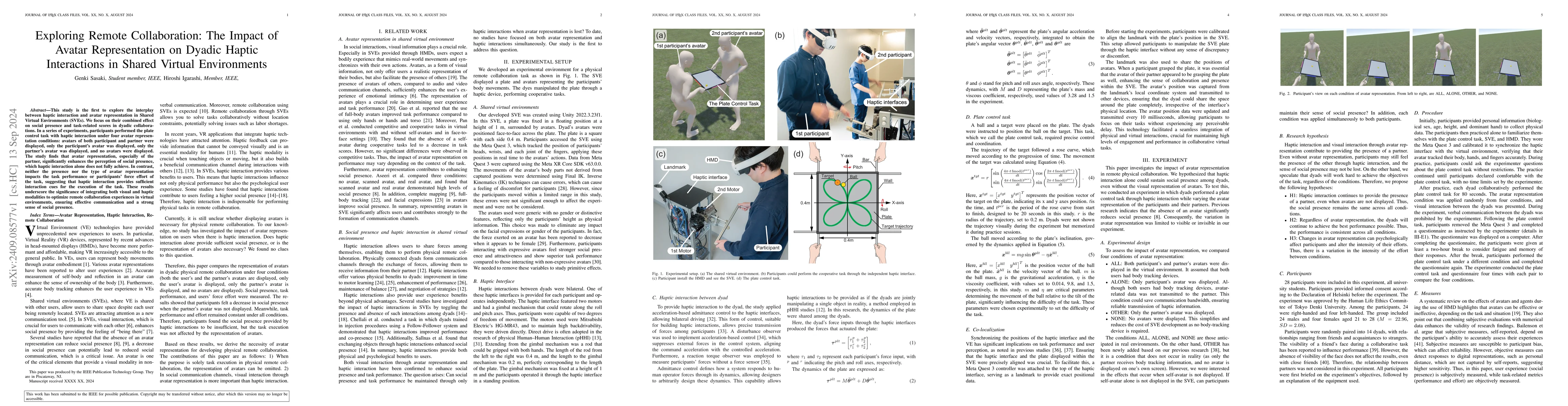 Thumbnail for Exploring Remote Collaboration: The Impact of Avatar Representation on
  Dyadic Haptic Interactions in Shared Virtual Environments