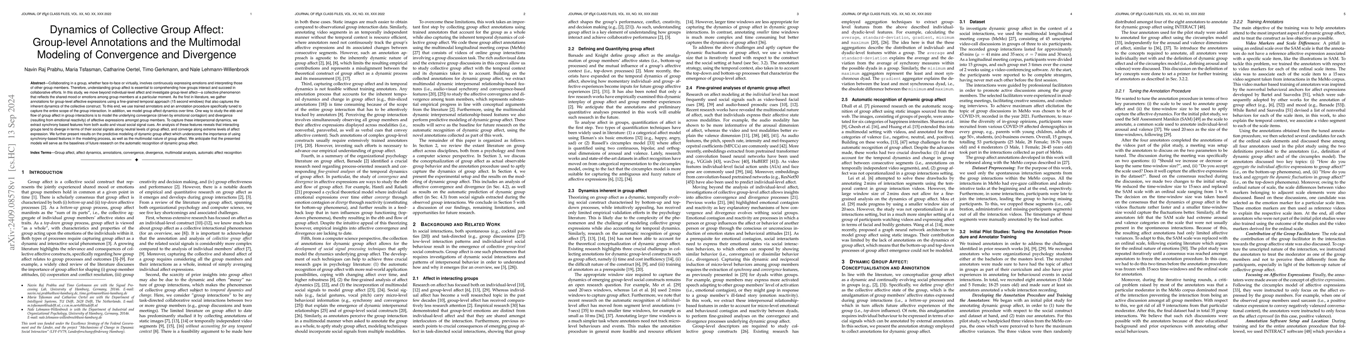 Thumbnail for Dynamics of Collective Group Affect: Group-level Annotations and the
  Multimodal Modeling of Convergence and Divergence