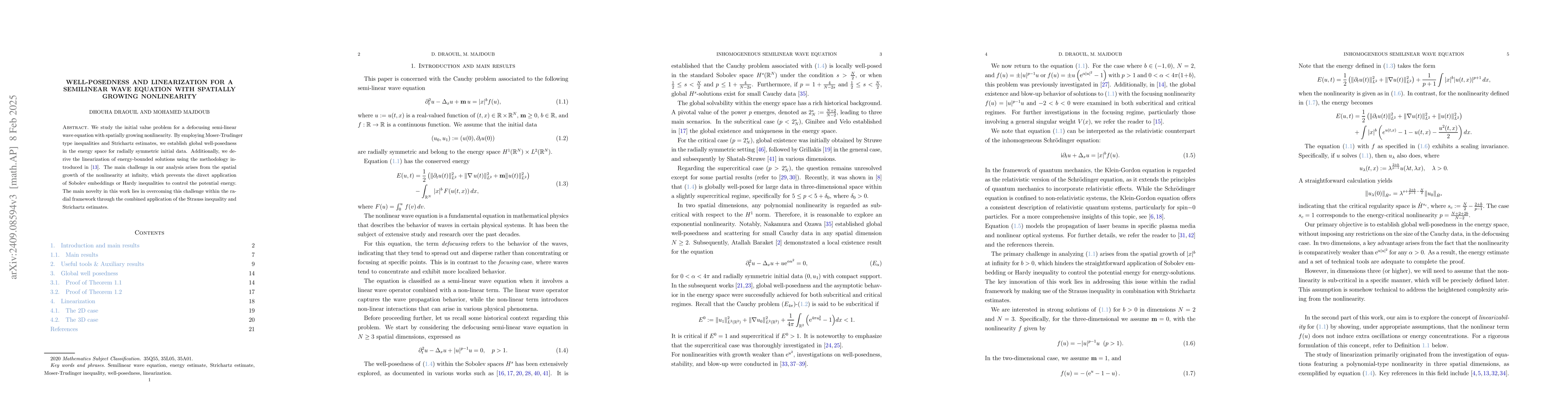 Thumbnail for Well-posedness and linearization for a semilinear wave equation with
  spatially growing nonlinearity