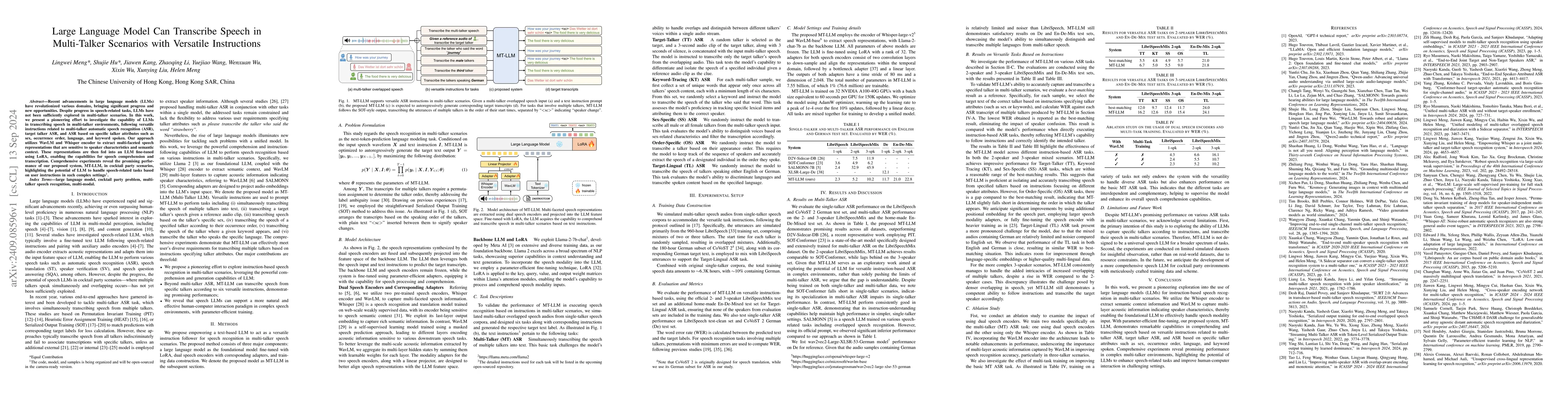 Thumbnail for Large Language Model Can Transcribe Speech in Multi-Talker Scenarios
  with Versatile Instructions
