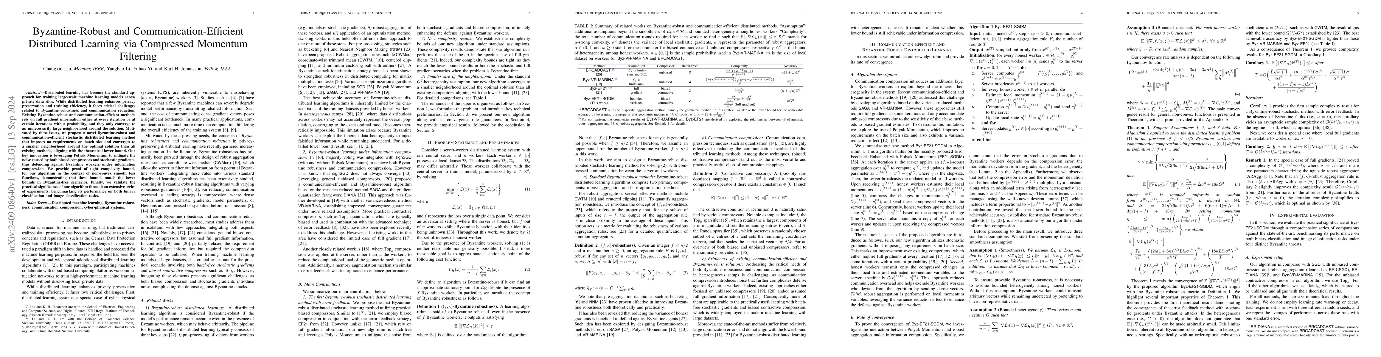 Thumbnail for Byzantine-Robust and Communication-Efficient Distributed Learning via
  Compressed Momentum Filtering