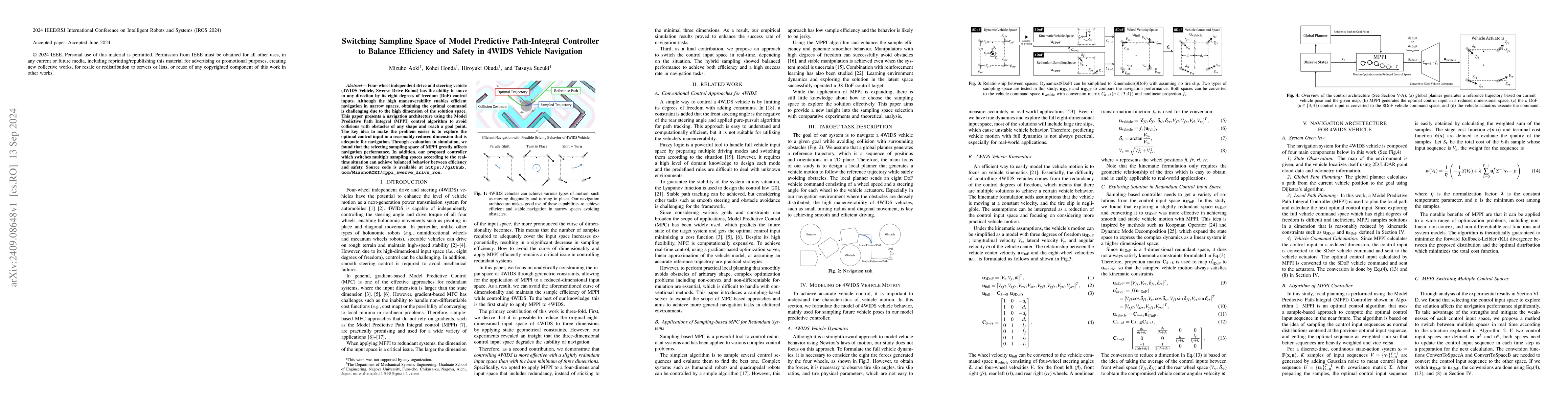 Thumbnail for Switching Sampling Space of Model Predictive Path-Integral Controller to
  Balance Efficiency and Safety in 4WIDS Vehicle Navigation