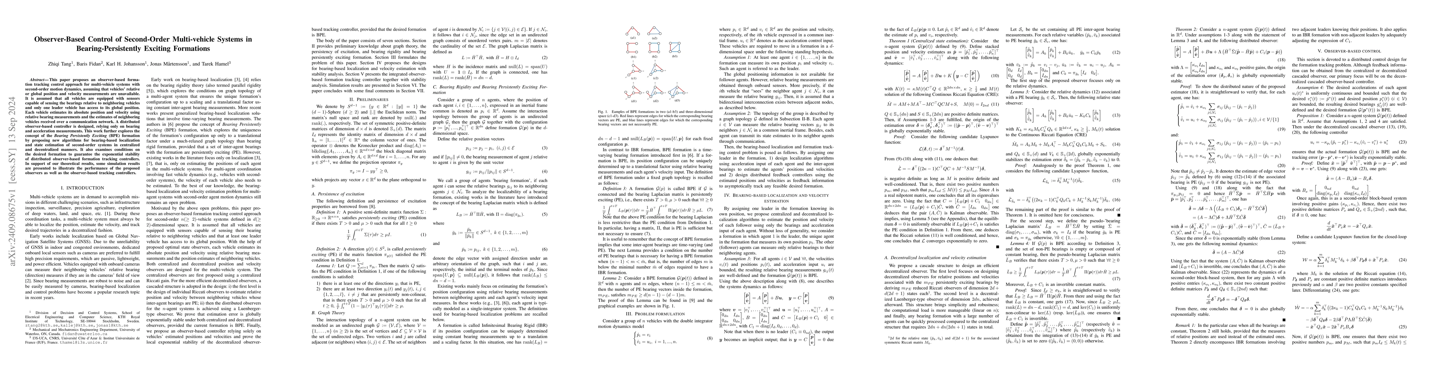 Thumbnail for Observer-Based Control of Second-Order Multi-vehicle Systems in
  Bearing-Persistently Exciting Formations