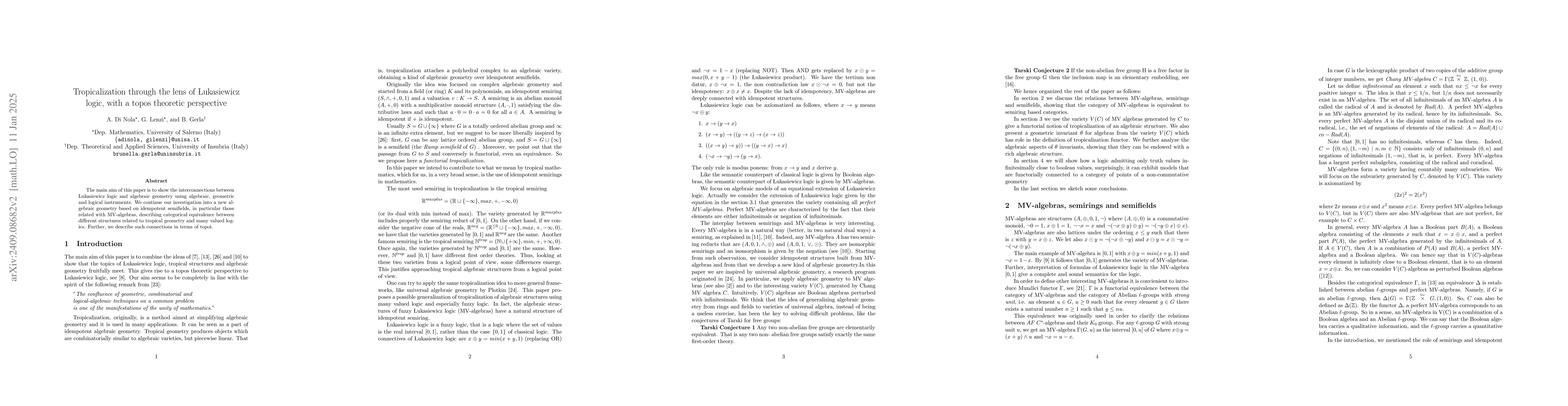 Thumbnail for Tropicalization through the lens of Łukasiewicz logic, with a topos
  theoretic perspective