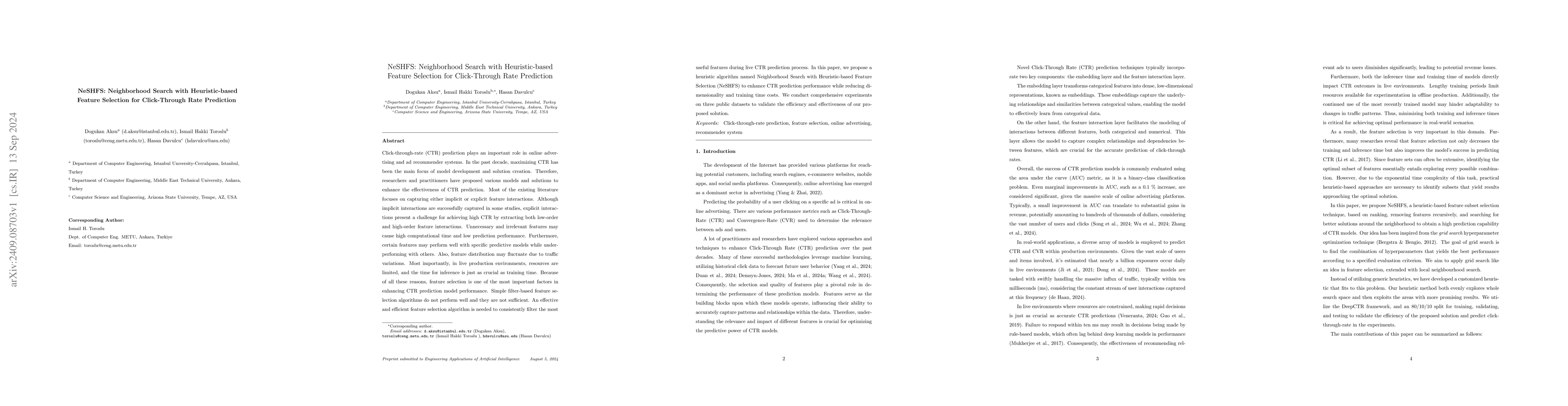 Thumbnail for NeSHFS: Neighborhood Search with Heuristic-based Feature Selection for
  Click-Through Rate Prediction