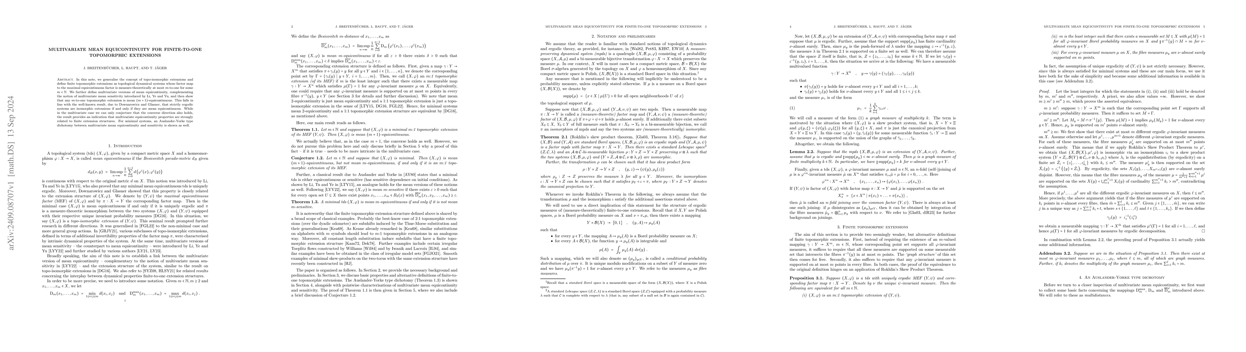 Thumbnail for Multivariate mean equicontinuity for finite-to-one topomorphic
  extensions