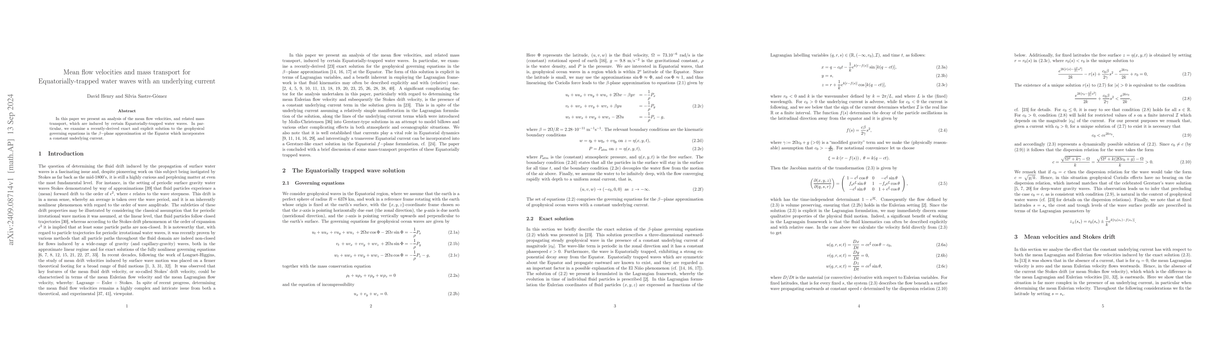 Thumbnail for Mean flow velocities and mass transport for Equatorially-trapped water
  waves with an underlying current