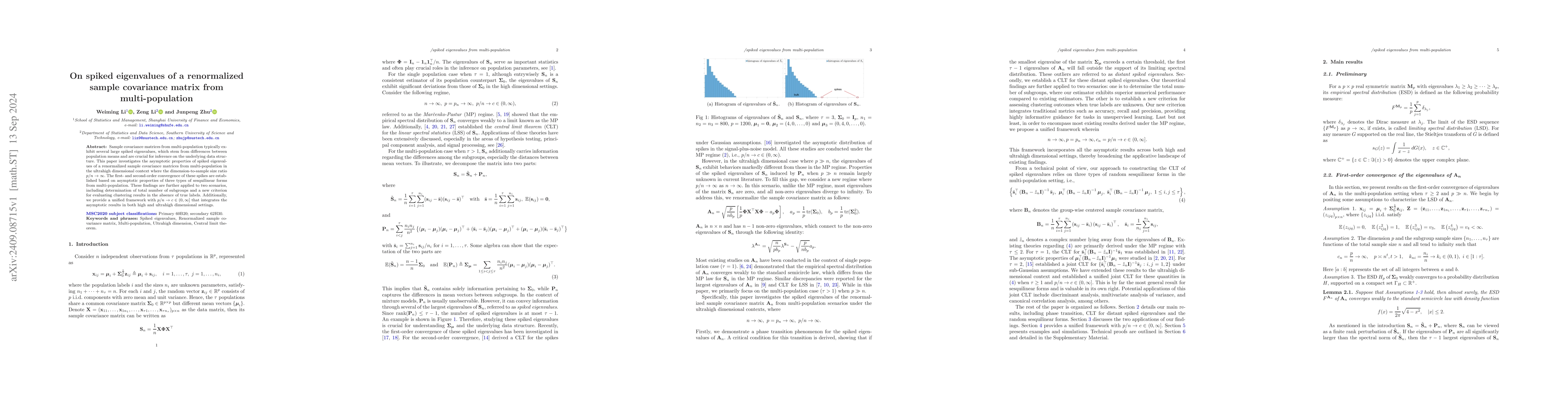Thumbnail for On spiked eigenvalues of a renormalized sample covariance matrix from
  multi-population