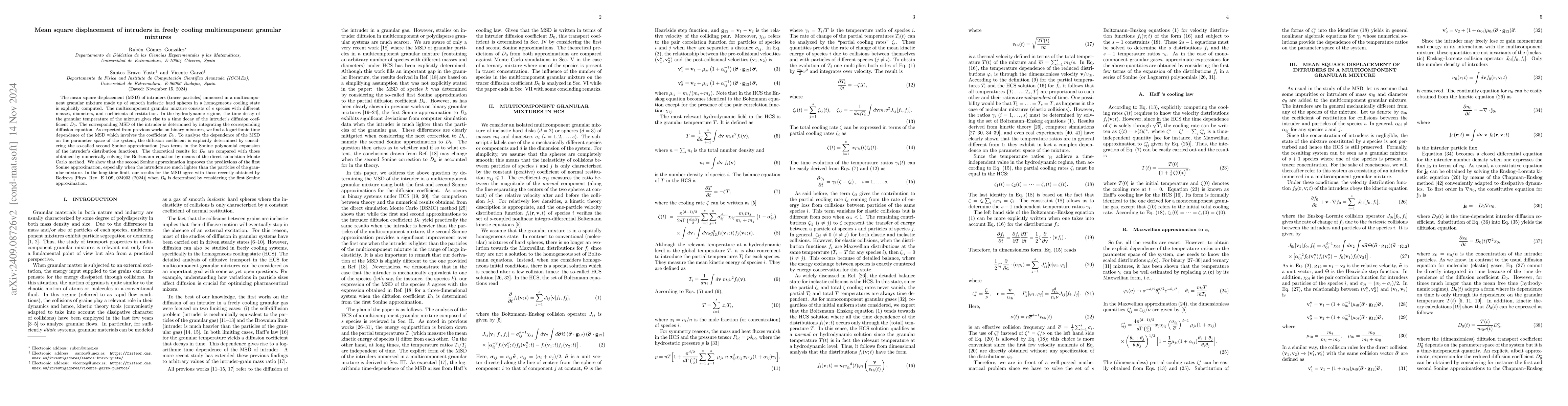 Thumbnail for Mean square displacement of intruders in freely cooling multicomponent
  granular mixtures