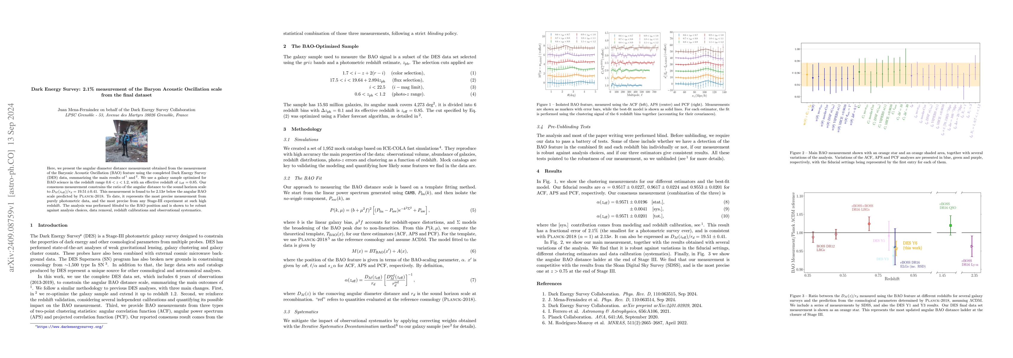 Thumbnail for Dark Energy Survey: 2.1% measurement of the Baryon Acoustic Oscillation
  scale from the final dataset