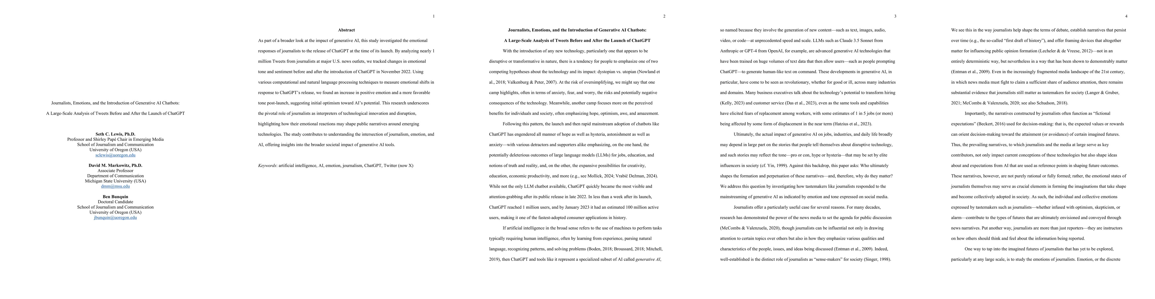 Thumbnail for Journalists, Emotions, and the Introduction of Generative AI Chatbots: A
  Large-Scale Analysis of Tweets Before and After the Launch of ChatGPT