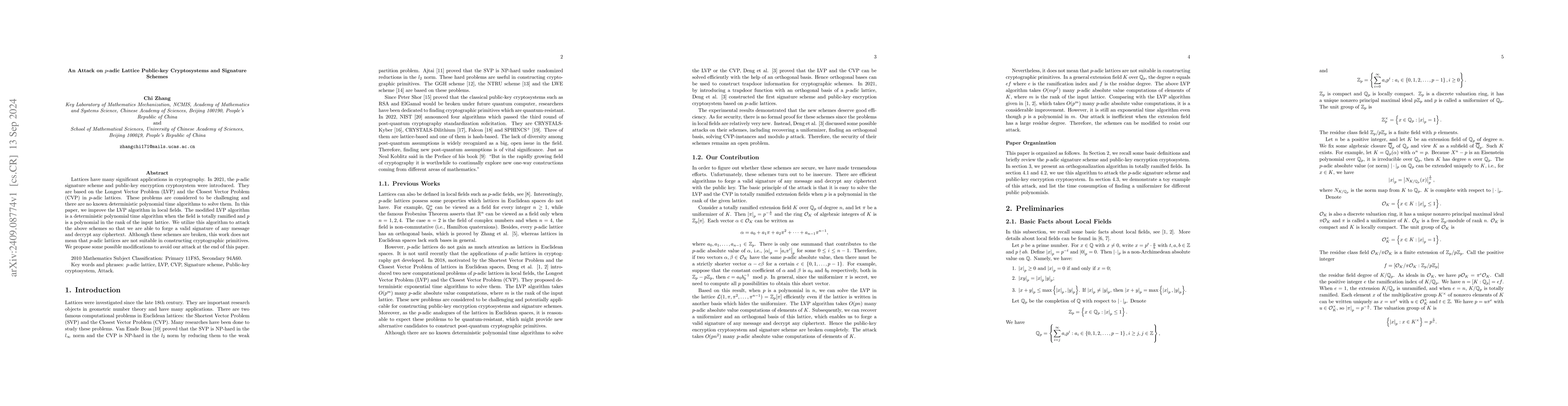 Thumbnail for An Attack on $p$-adic Lattice Public-key Cryptosystems and Signature
  Schemes