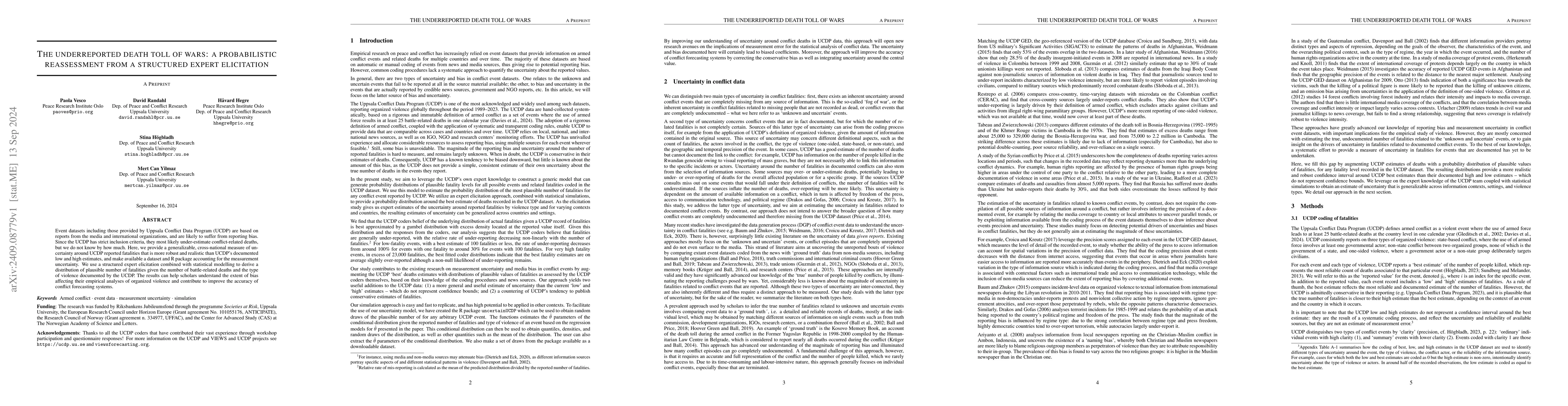 Thumbnail for The underreported death toll of wars: a probabilistic reassessment from
  a structured expert elicitation