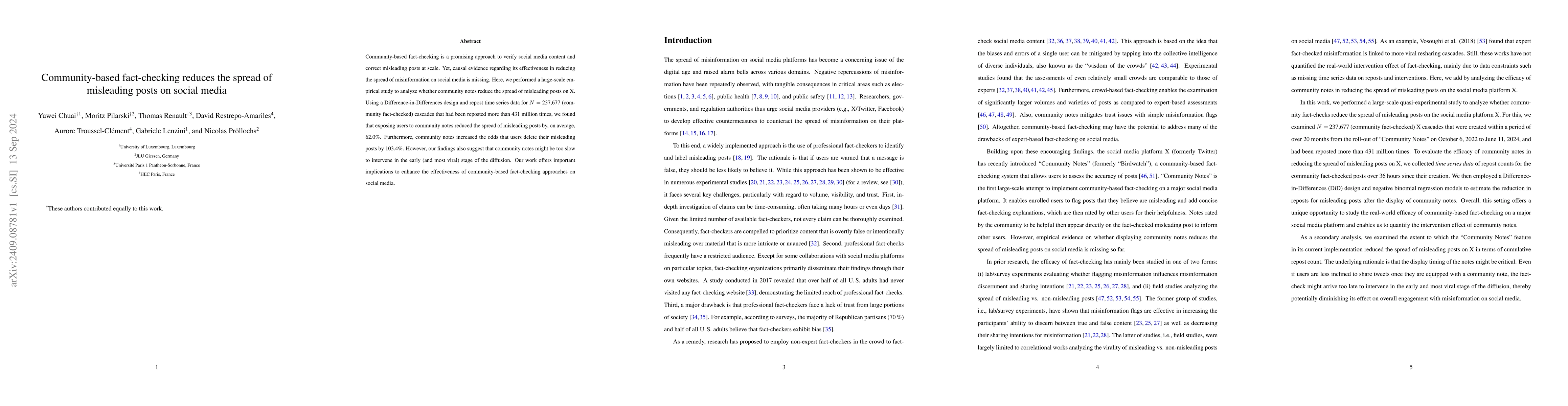 Thumbnail for Community-based fact-checking reduces the spread of misleading posts on
  social media