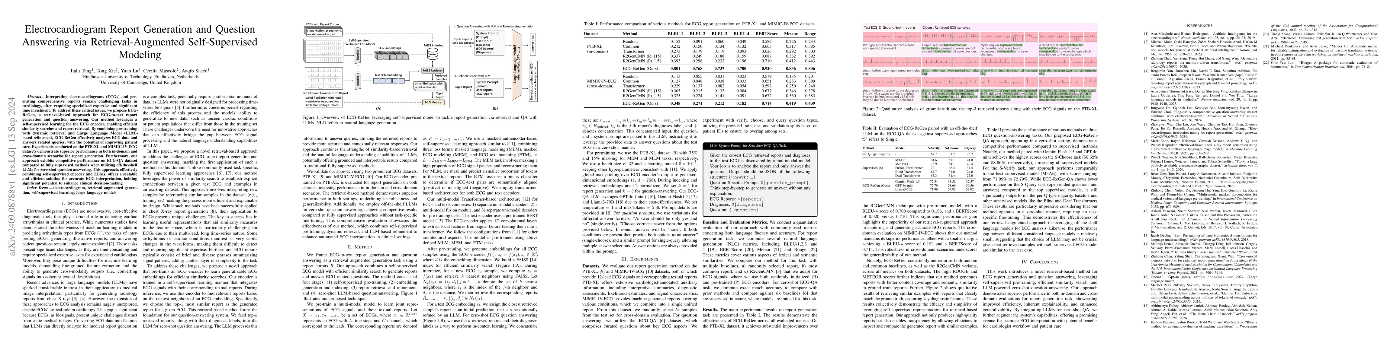 Thumbnail for Electrocardiogram Report Generation and Question Answering via
  Retrieval-Augmented Self-Supervised Modeling