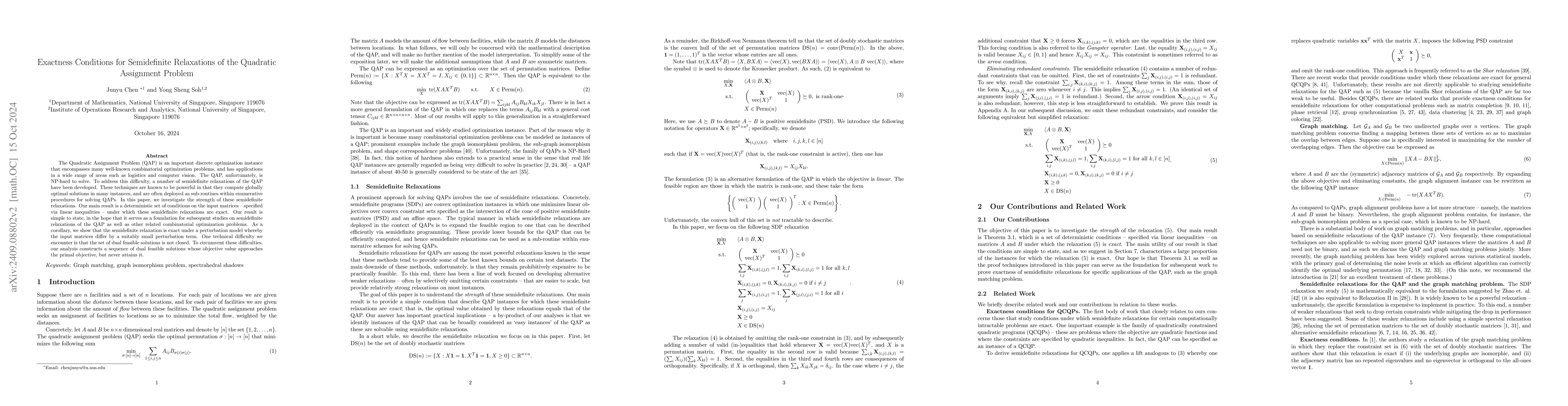 Thumbnail for Exactness Conditions for Semidefinite Relaxations of the Quadratic
  Assignment Problem