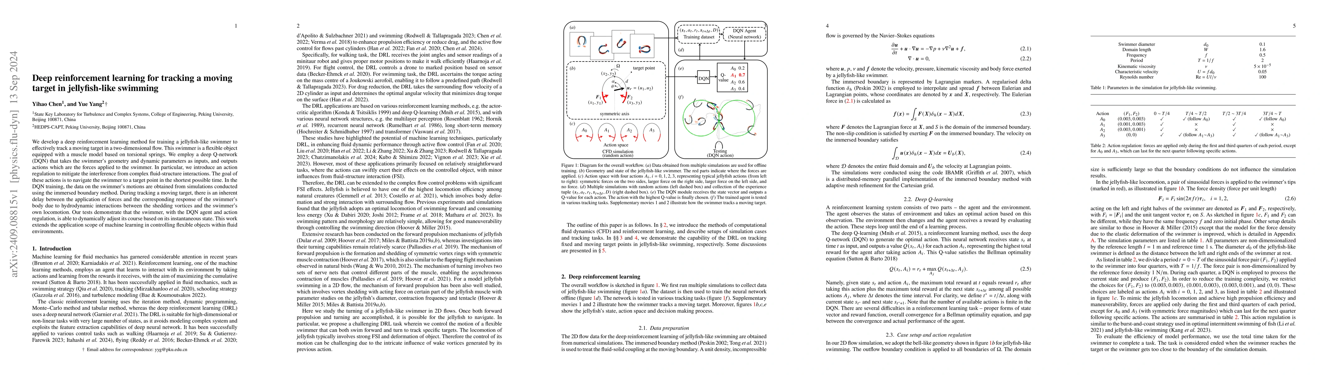 Thumbnail for Deep reinforcement learning for tracking a moving target in
  jellyfish-like swimming