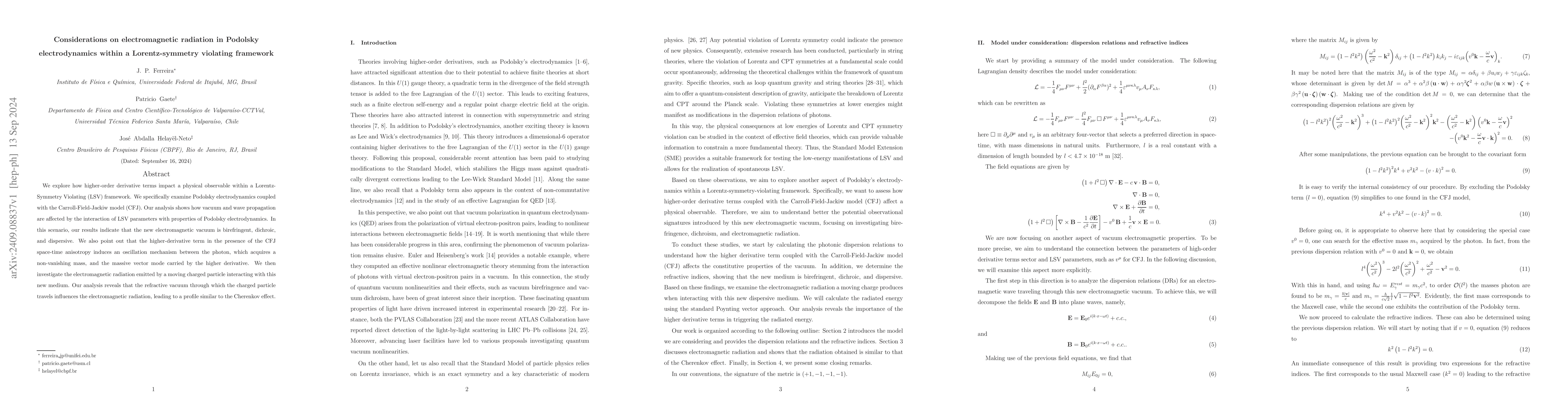 Thumbnail for Considerations on electromagnetic radiation in Podolsky electrodynamics
  within a Lorentz-symmetry violating framework