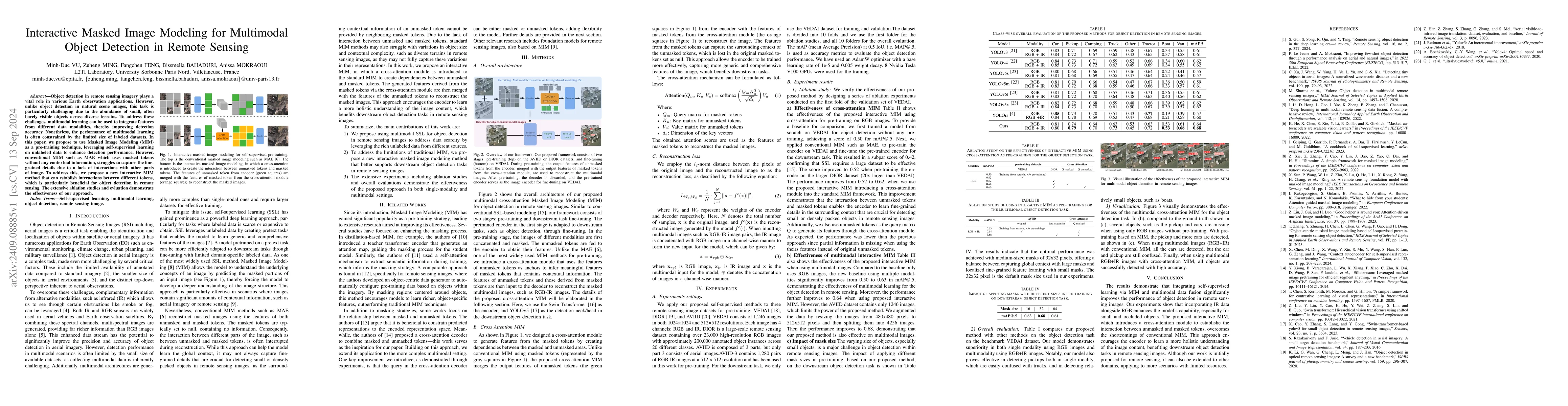 Thumbnail for Interactive Masked Image Modeling for Multimodal Object Detection in
  Remote Sensing