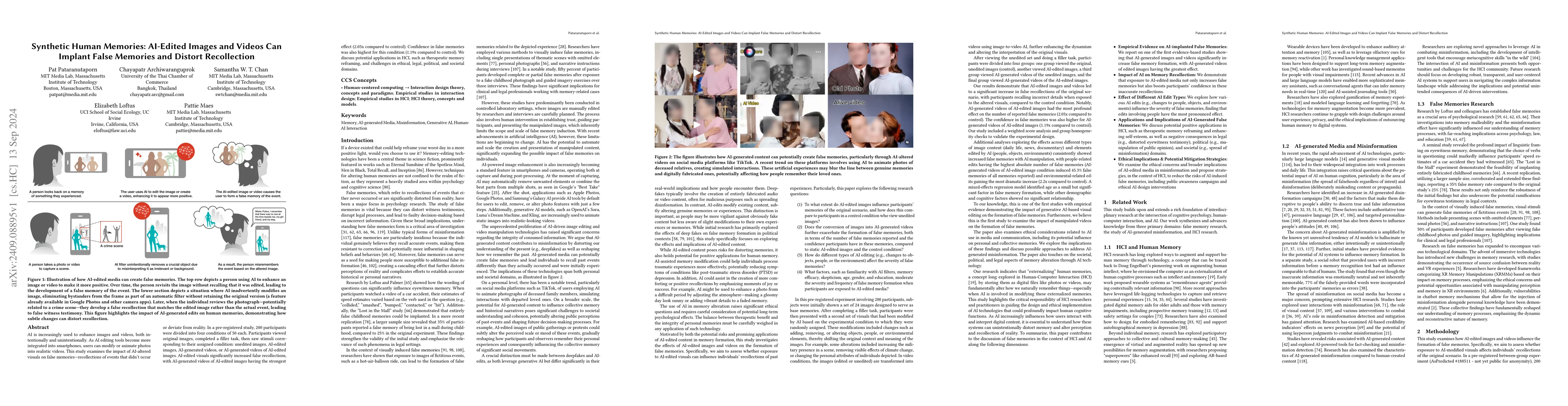 Thumbnail for Synthetic Human Memories: AI-Edited Images and Videos Can Implant False
  Memories and Distort Recollection