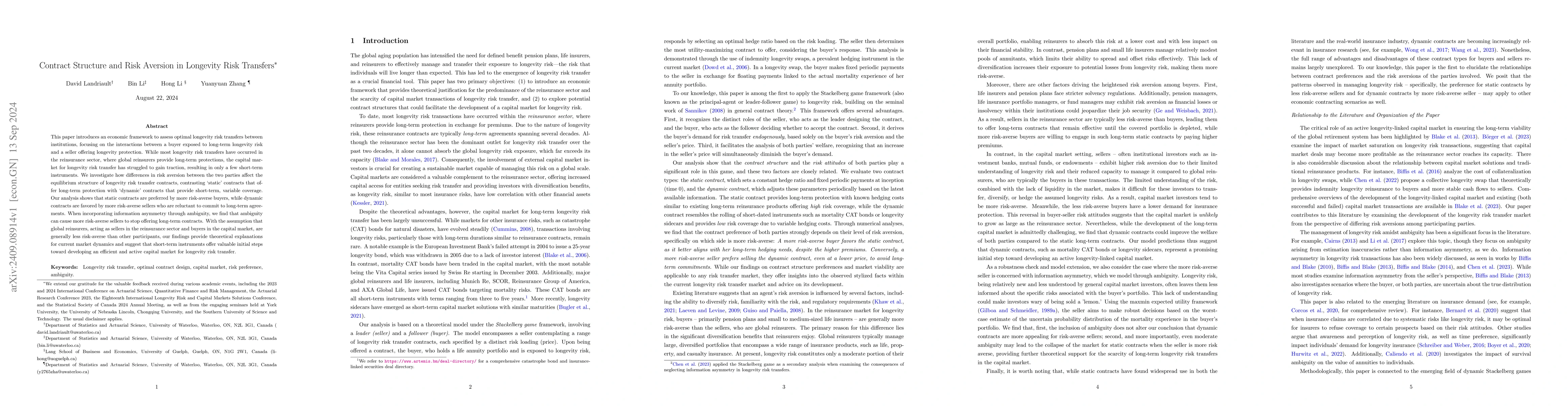 Thumbnail for Contract Structure and Risk Aversion in Longevity Risk Transfers