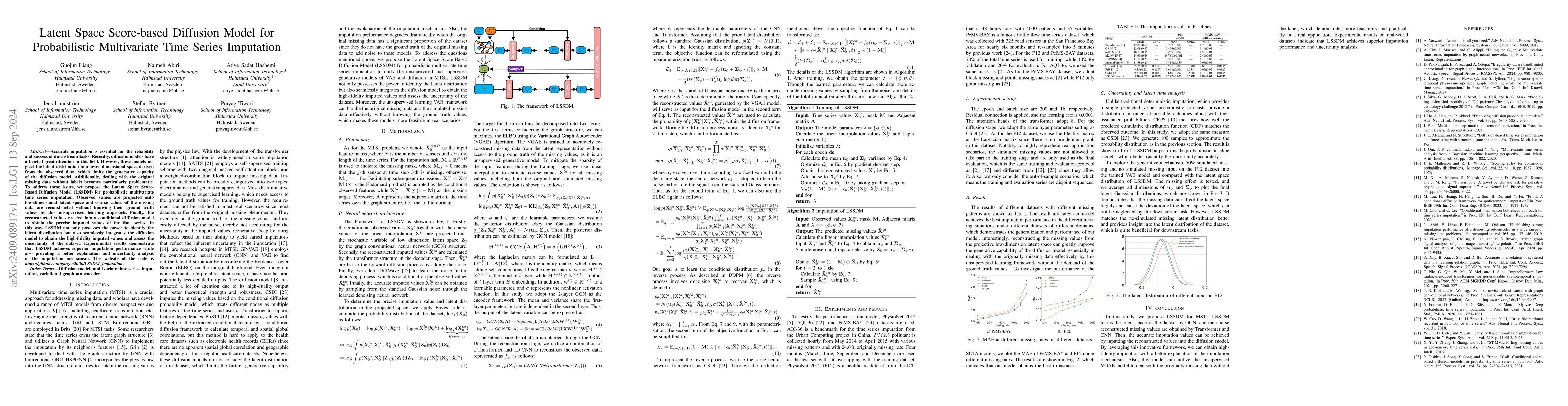 Thumbnail for Latent Space Score-based Diffusion Model for Probabilistic Multivariate
  Time Series Imputation
