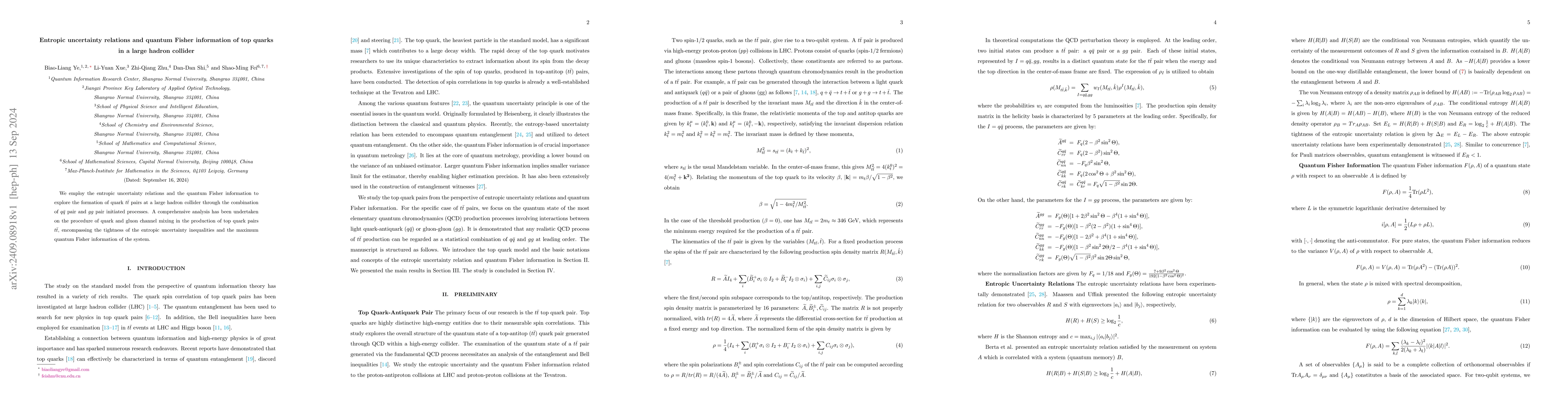 Thumbnail for Entropic uncertainty relations and quantum Fisher information of top
  quarks in a large hadron collider