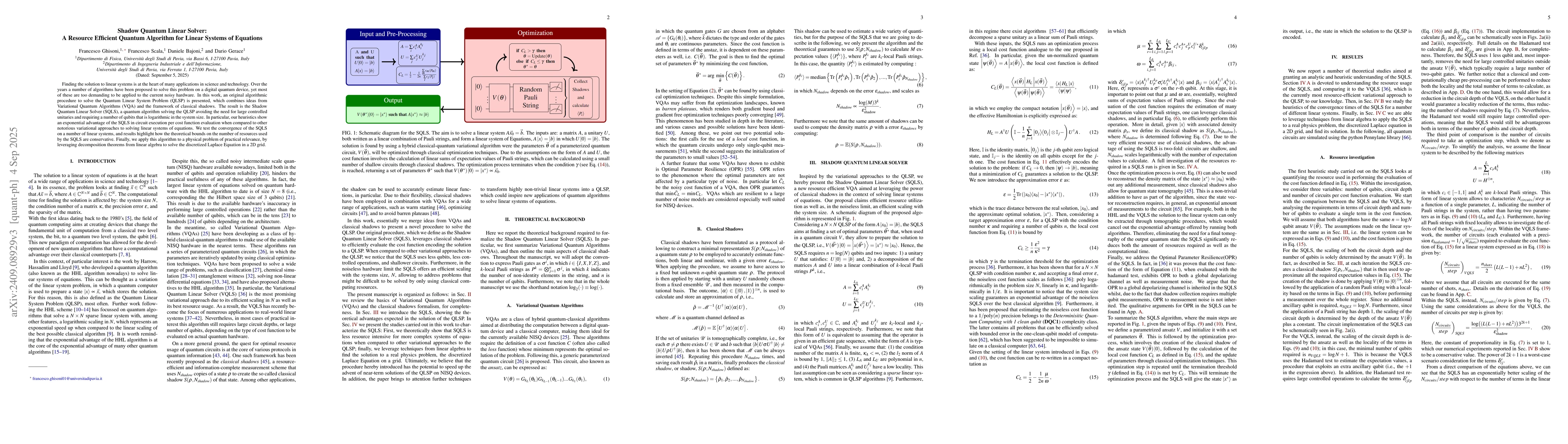 Thumbnail for Shadow Quantum Linear Solver: A Resource Efficient Quantum Algorithm for
  Linear Systems of Equations