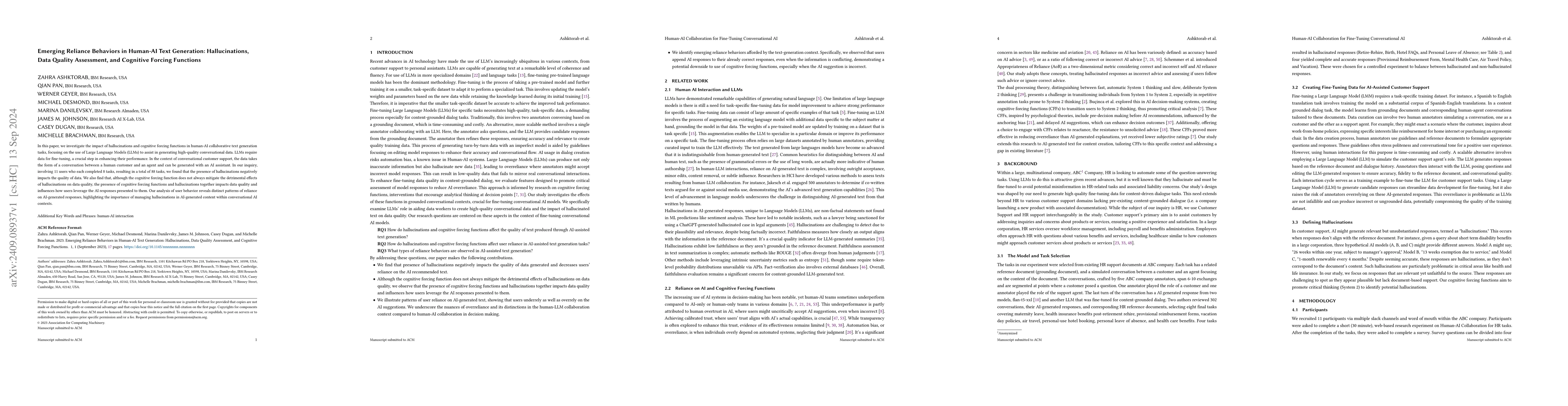 Thumbnail for Emerging Reliance Behaviors in Human-AI Text Generation: Hallucinations,
  Data Quality Assessment, and Cognitive Forcing Functions