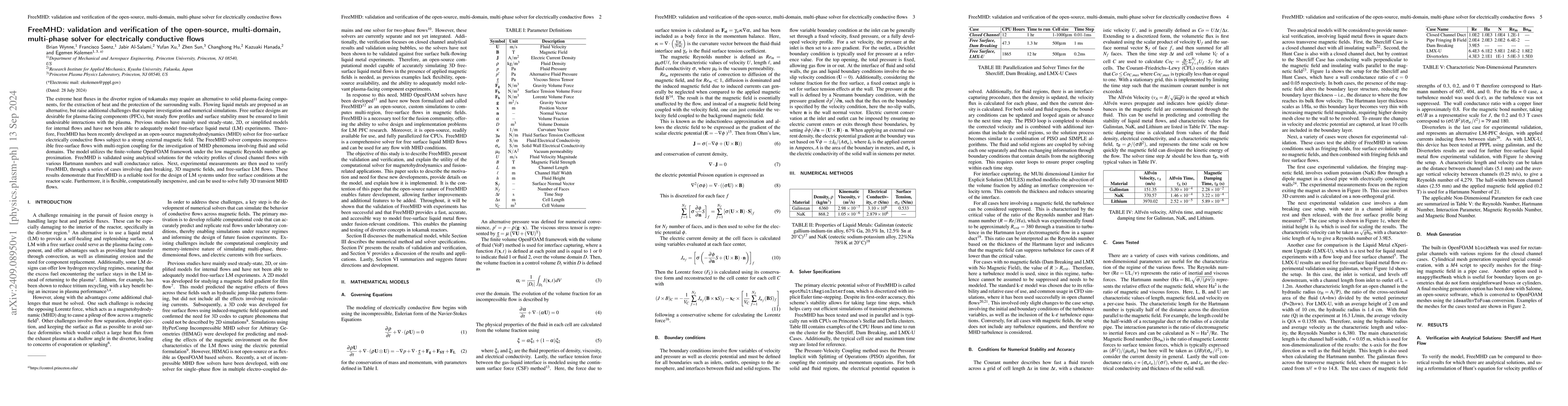 Thumbnail for FreeMHD: validation and verification of the open-source, multi-domain,
  multi-phase solver for electrically conductive flows