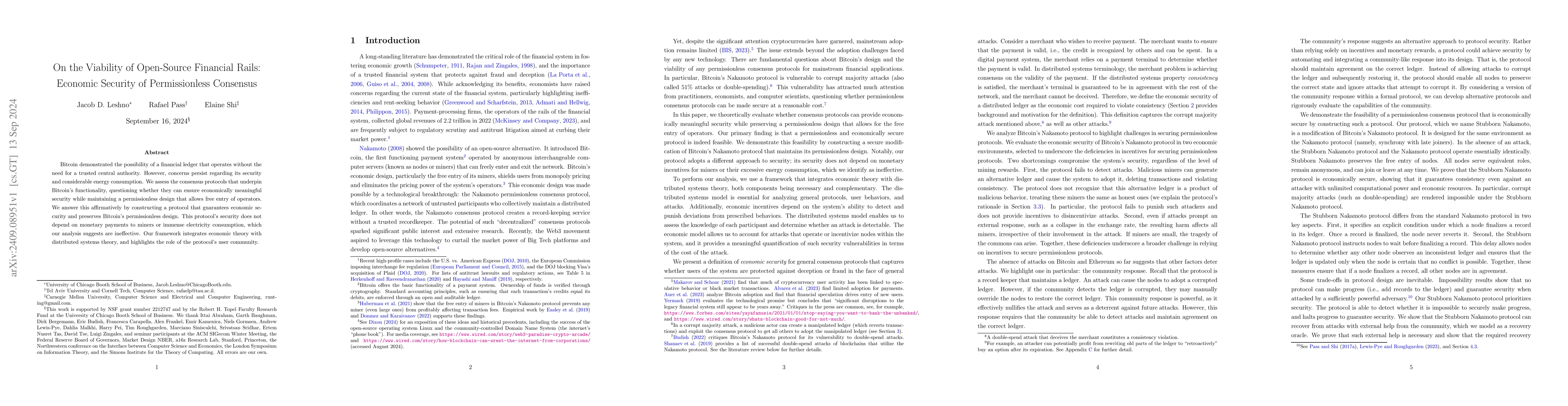 Thumbnail for On the Viability of Open-Source Financial Rails: Economic Security of
  Permissionless Consensus