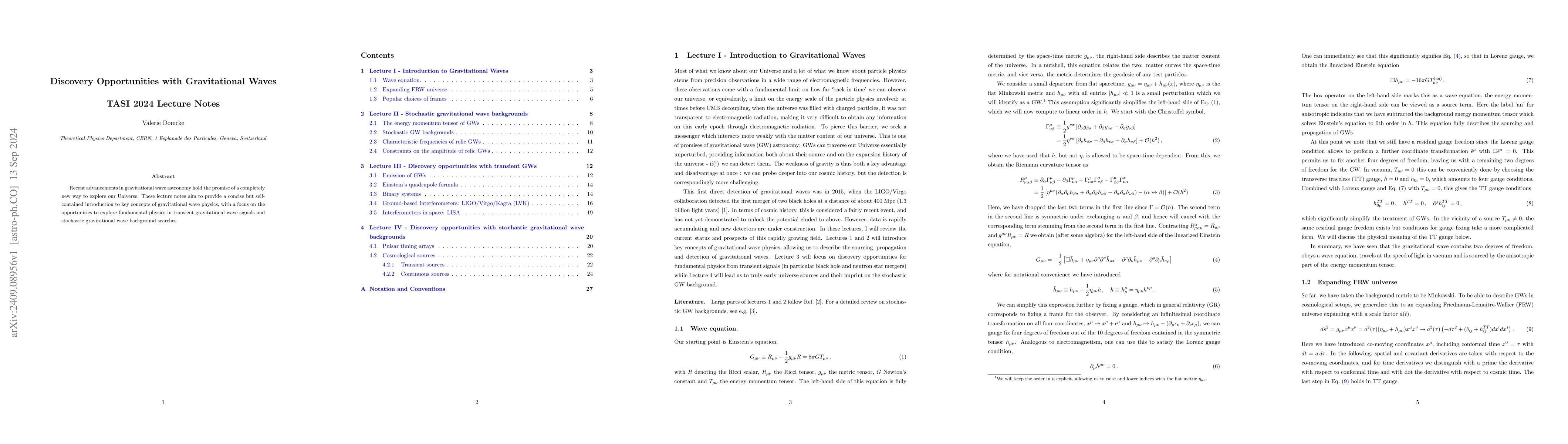 Thumbnail for Discovery Opportunities with Gravitational Waves -- TASI 2024 Lecture
  Notes