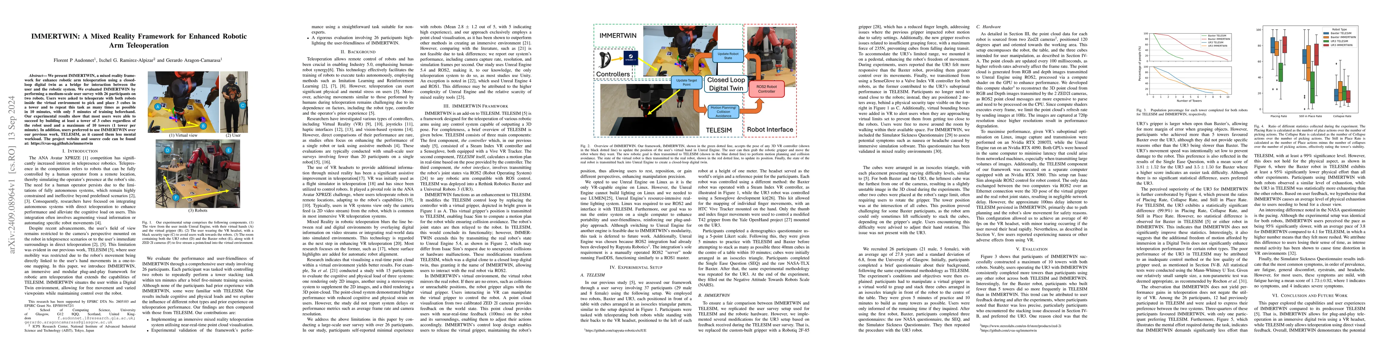 Thumbnail for IMMERTWIN: A Mixed Reality Framework for Enhanced Robotic Arm
  Teleoperation