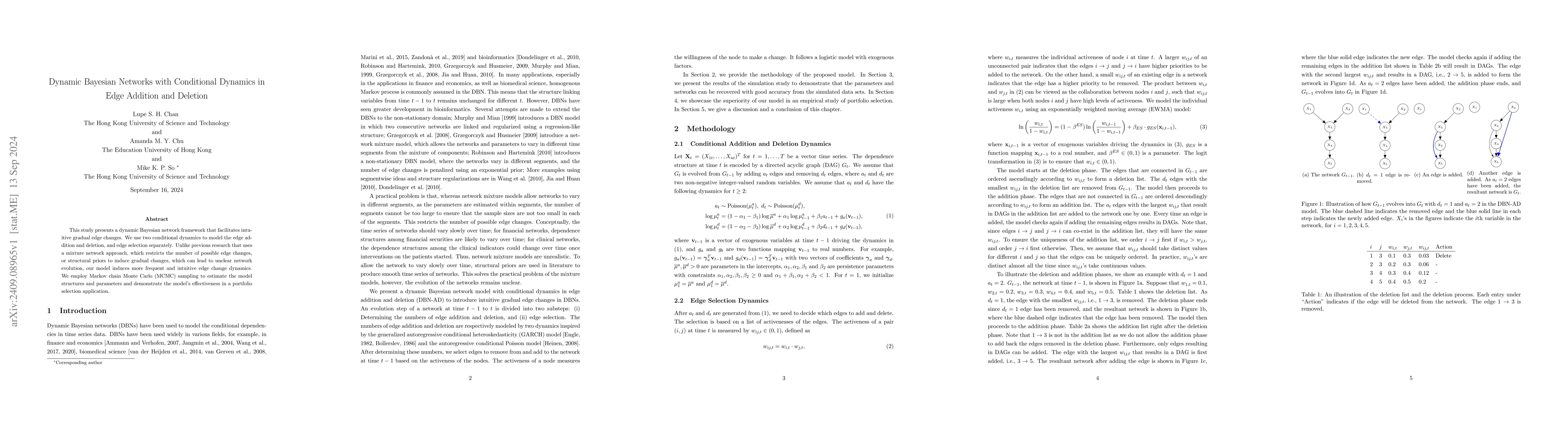 Thumbnail for Dynamic Bayesian Networks with Conditional Dynamics in Edge Addition and
  Deletion